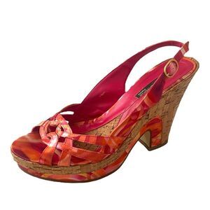 CARLOS by Carlos Santana Canvas Cork Wedge Sandals Sz 10 Orange Colorful Casual